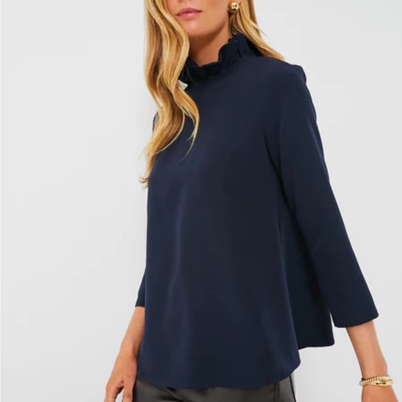 TUCKERNUCK Blue Navy Faye Blouse Ruffle Neck Bow Back Size XXL - Picture 4 of 11